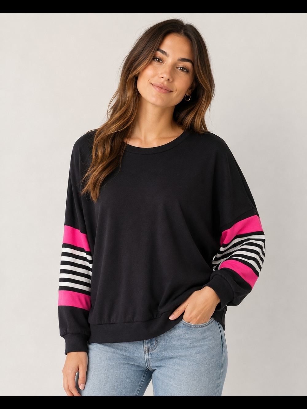 Say What? Black Pink Striped Dolman Sleeve Sweatshirt Top Women’s M